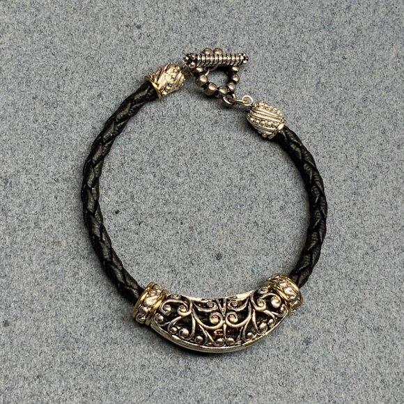 Retro Filigree Slider Bracelet 7.5 In Silver Braided Black Leather Toggle BoHo - Picture 1 of 5